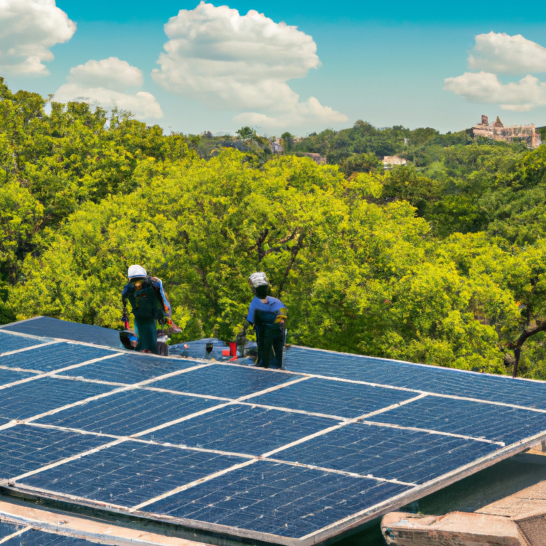 An image of a sunny San Antonio rooftop adorned with sleek, black solar panels glistening under the vibrant blue sky