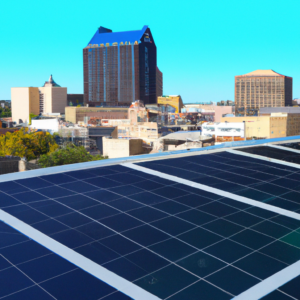 An image showcasing the vibrant cityscape of San Antonio, with sleek, cutting-edge solar panels adorning rooftops, glistening under the radiant Texan sun, illuminating the city with clean, sustainable energy