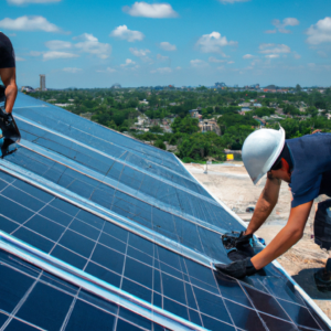 An image showcasing a sunny rooftop in San Antonio, where a team of skilled professionals is meticulously installing solar panels, connecting them to an advanced energy storage system, ensuring a reliable and eco-friendly power supply for the city