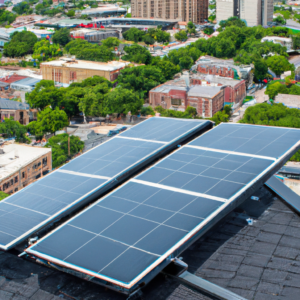 An image capturing the vibrant cityscape of San Antonio, Texas, with sun-kissed rooftops adorned with sleek solar panels